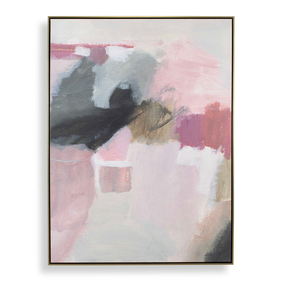 Abstract canvas art print with pink, black, and white colors with a gold frame
