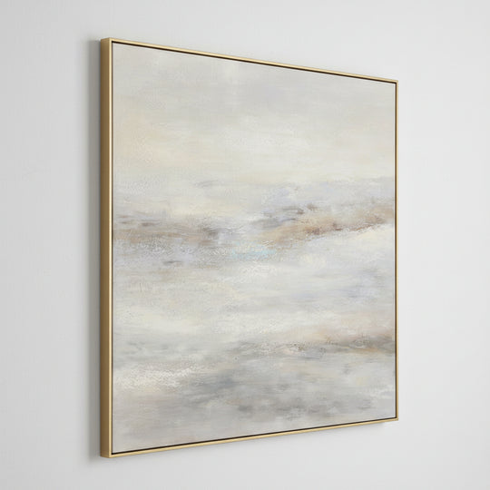 Abstract landscape painting with soft earthy tones in a gold frame
