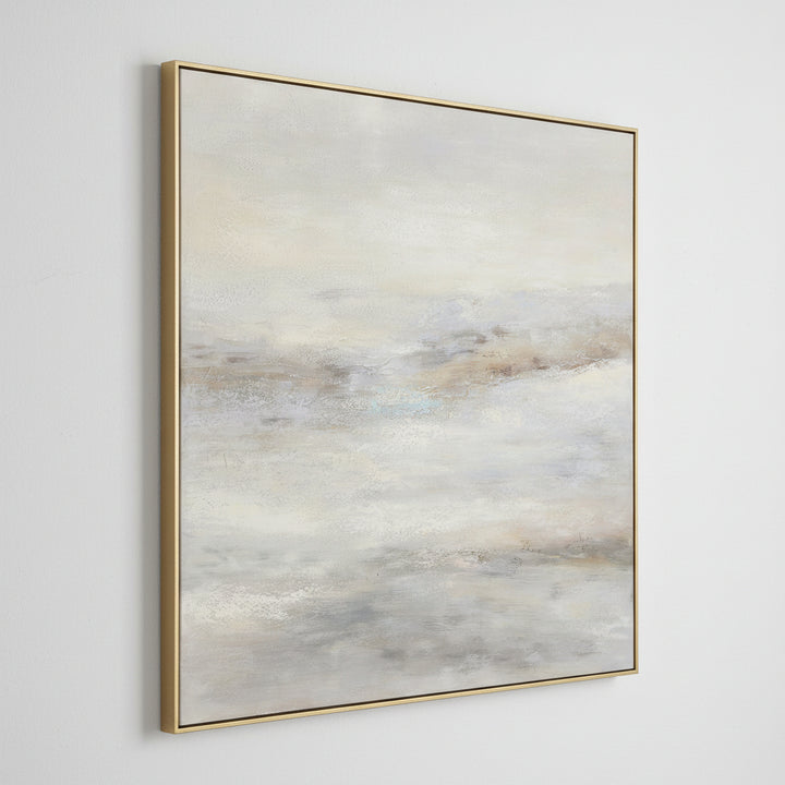 Abstract landscape painting with soft earthy tones in a gold frame