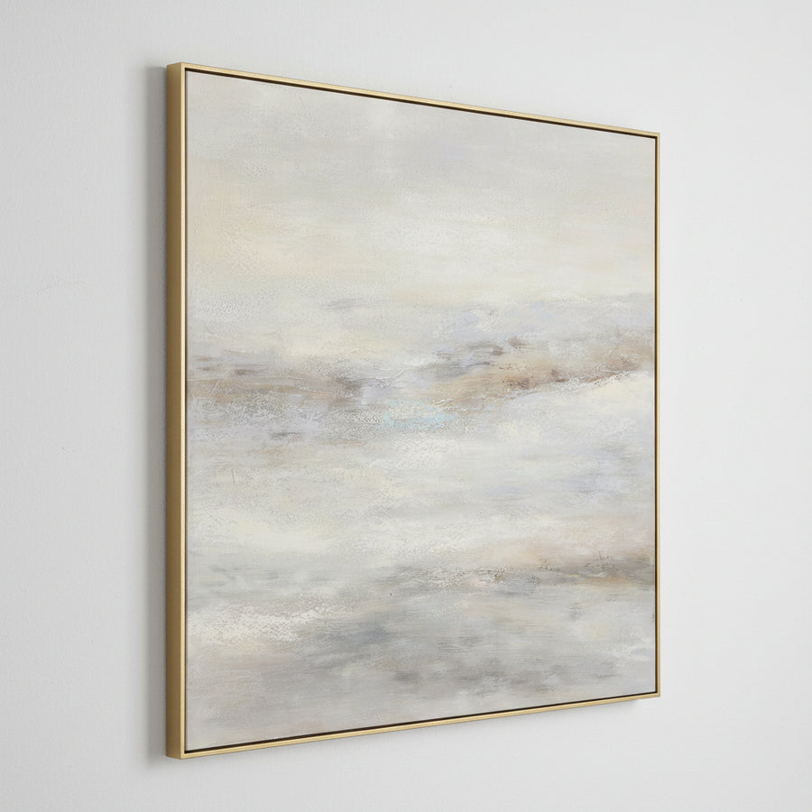 Abstract landscape painting with soft earthy tones in a gold frame
