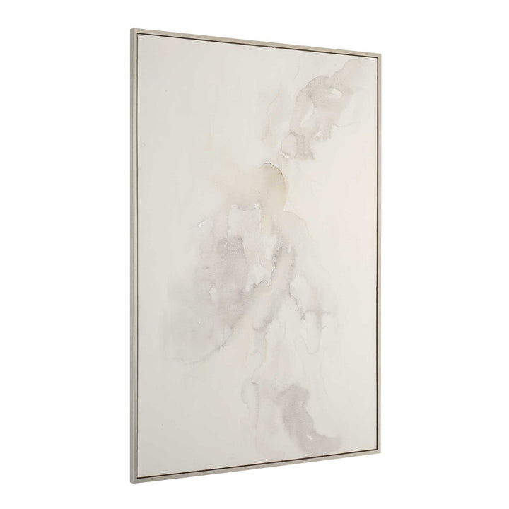 framed abstract painting, soft gray and beige tones, fluid organic shapes, minimalist aesthetic, vertical rectangular canvas, thin metallic frame, serene atmosphere, subtle texture, modern decor piece