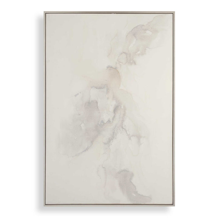framed abstract painting, soft gray and beige tones, fluid organic shapes, minimalist aesthetic, vertical rectangular canvas, thin metallic frame, serene atmosphere, subtle texture, modern decor piece