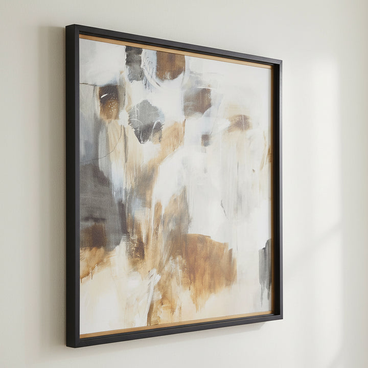 Abstract art painting with brown and white colors in a black frame