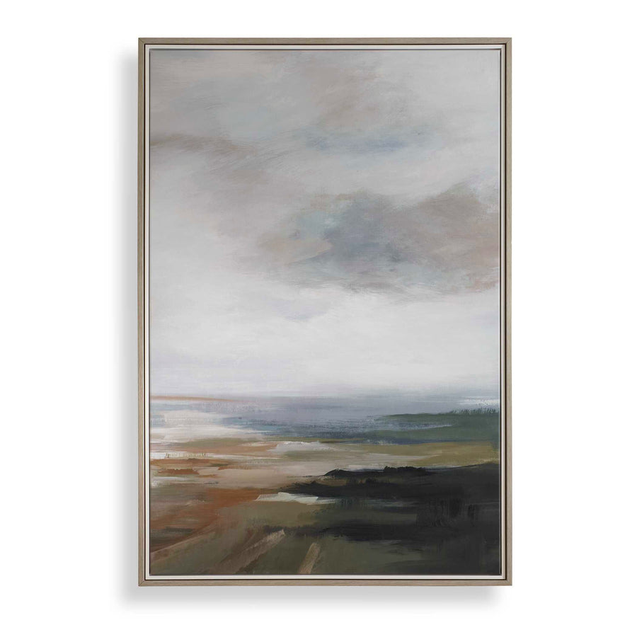 Framed abstract landscape painting with soft earthy tones on a white background