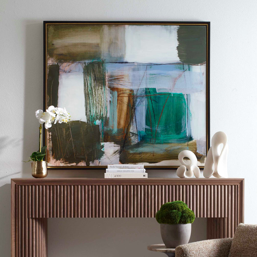 "GREEN FIELDS" FRAMED ABSTRACT CANVAS