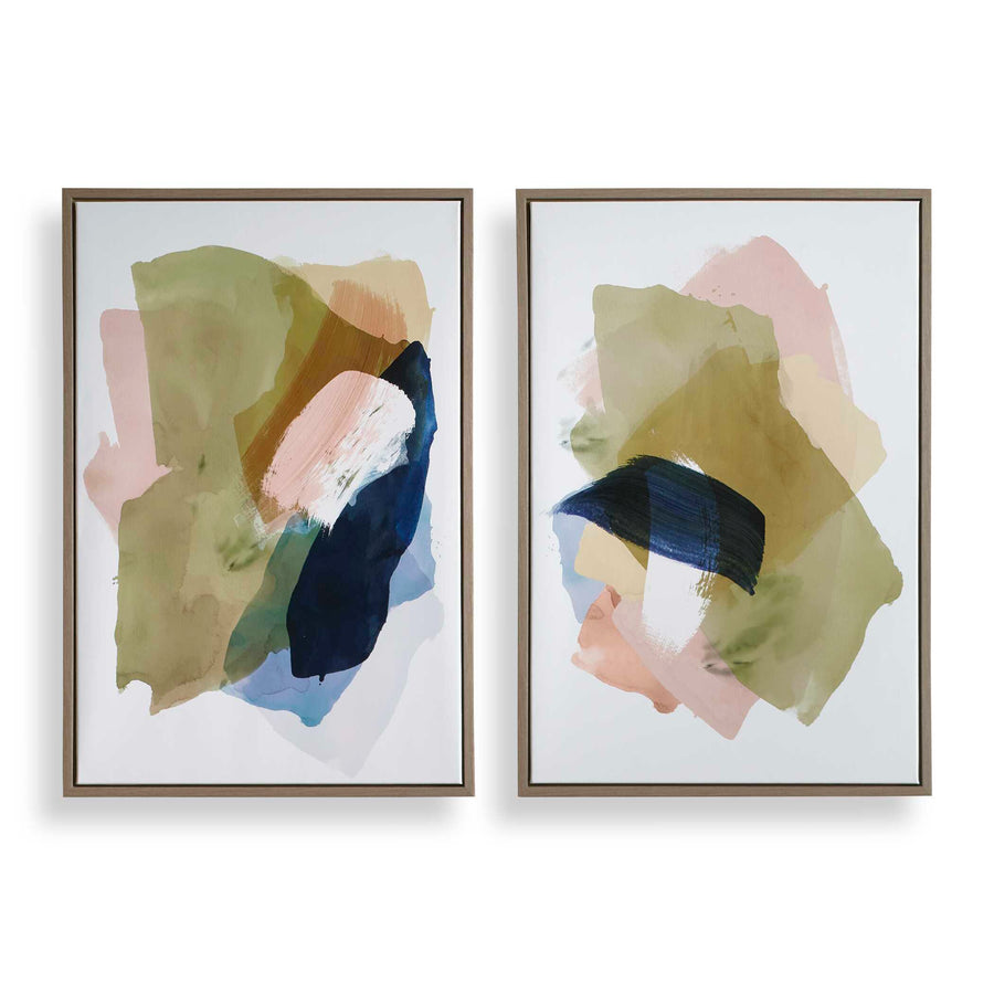 Two abstract art prints with colorful shapes