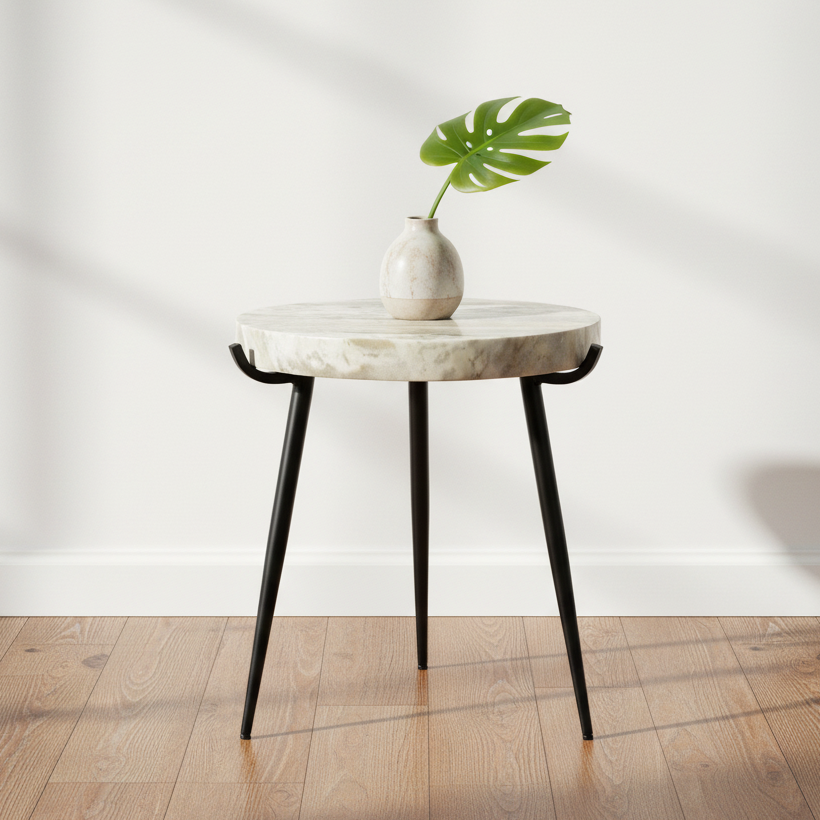 round side table with a natural stone top featuring beige and gray marbling, supported by three slim black metal legs
