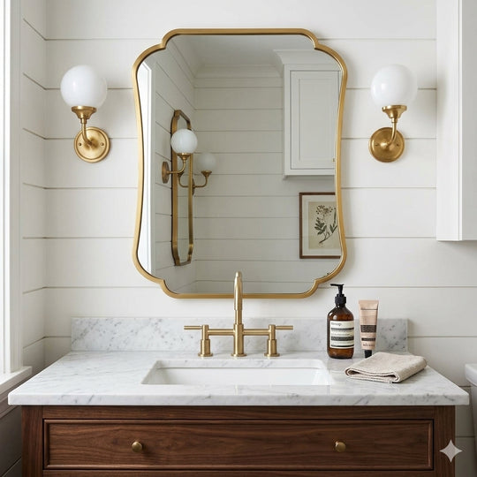 A rectangular wall mirror with a scalloped gold frame hangs above a white marble bathroom vanity with a gold faucet. The scene includes two matching gold wall sconces on either side of the mirror, a dark wood cabinet, and toiletries on the counter.