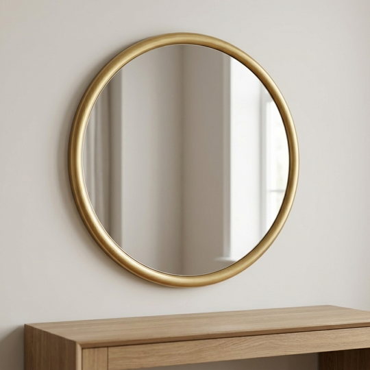 Round gold-framed mirror on a white wall above a wooden console table.
