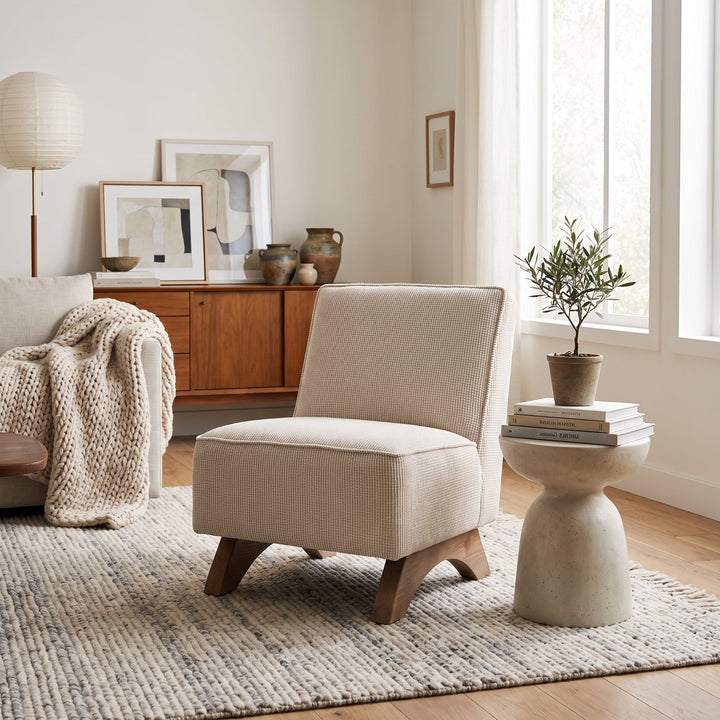 Modern living room featuring a textured beige accent chair, concrete side table, and minimalist decor in a neutral palette.