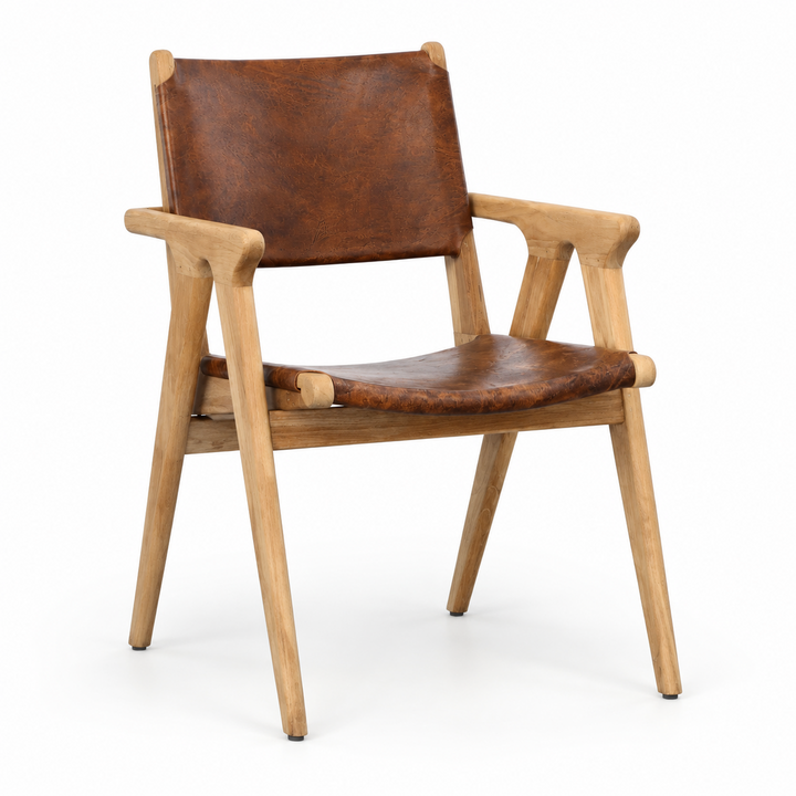 A mid-century modern wooden dining chair with a brown leather seat and backrest, shown on a clean white background.