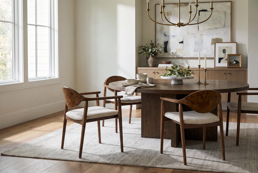 Modern dining room with a round wood table, burl wood armchairs, and a minimalist chandelier in a bright, neutral space.