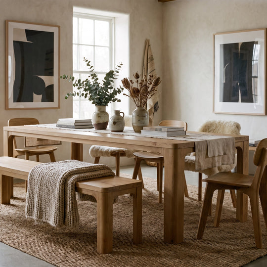 Modern rustic dining room with a wooden table, bench, chairs, and minimalist decor in a warm, neutral-toned space.