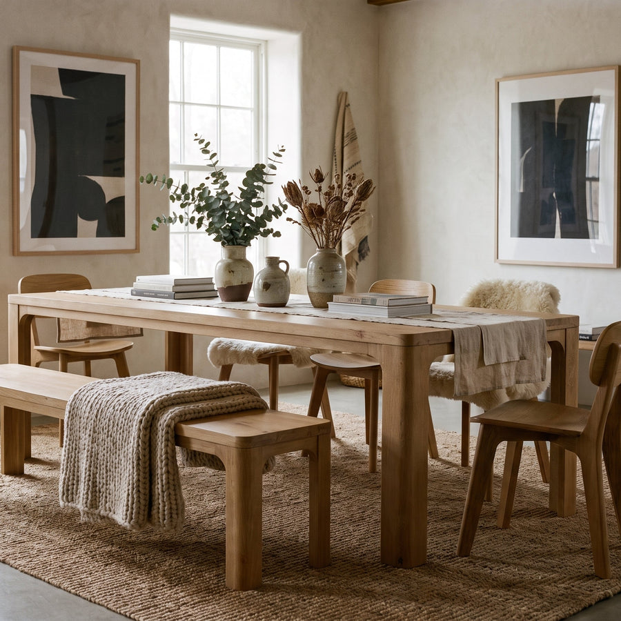 Modern rustic dining room with a wooden table, bench, chairs, and minimalist decor in a warm, neutral-toned space.