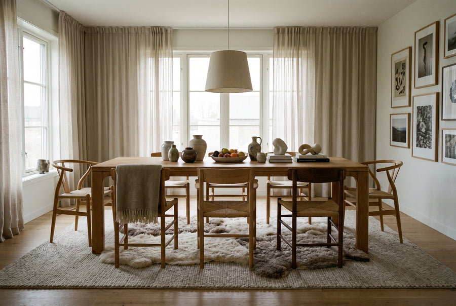 Minimalist dining room with a wooden table, woven chairs, neutral curtains, and a textured rug in a warm, modern home.