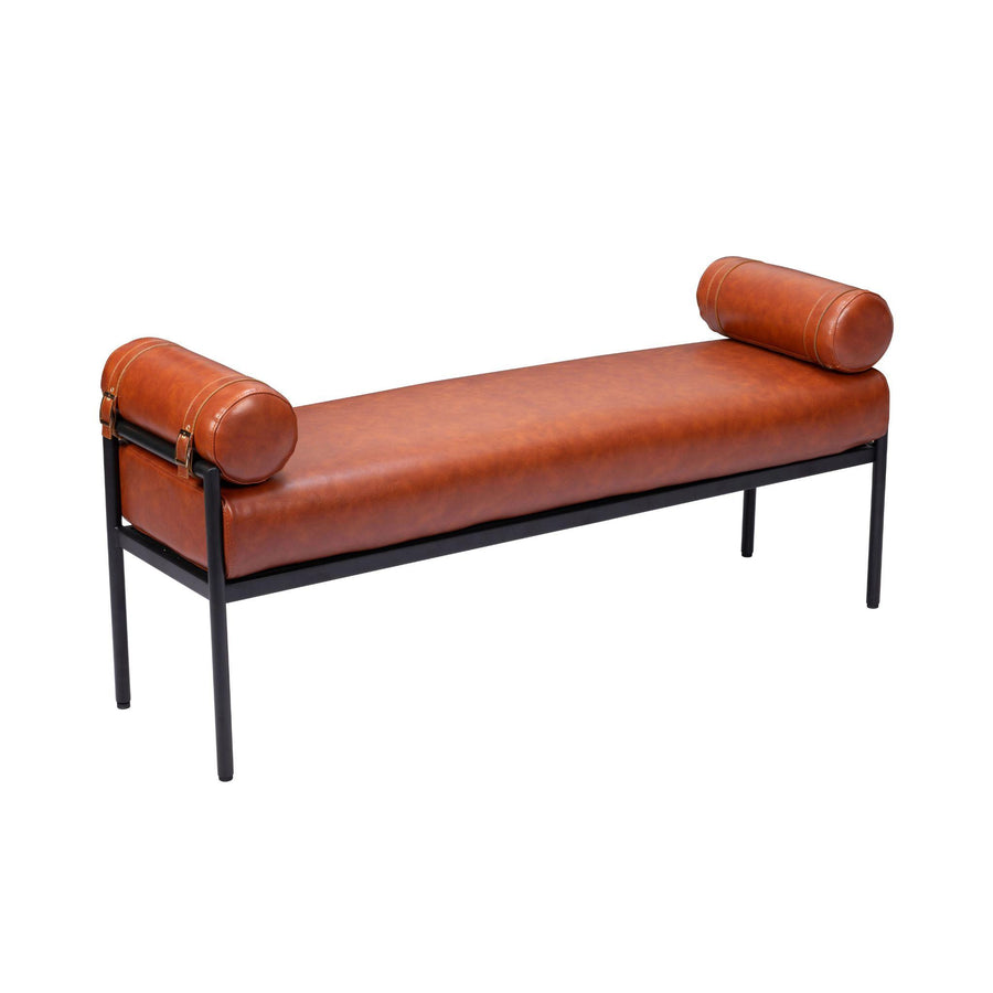 Brown leather bench with black metal frame on a white background