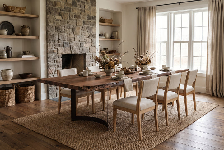 Modern rustic dining room with a live-edge wood table, stone fireplace, and organic decor on a jute rug.