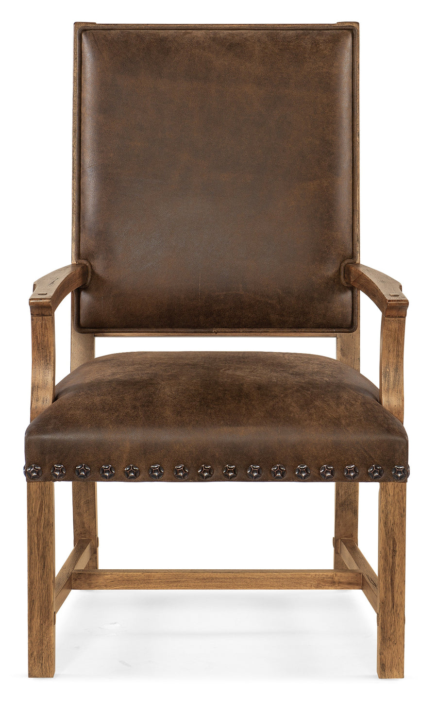 A rustic brown leather armchair with a high back, wooden frame, and nailhead trim on the seat, shown against a plain white background.