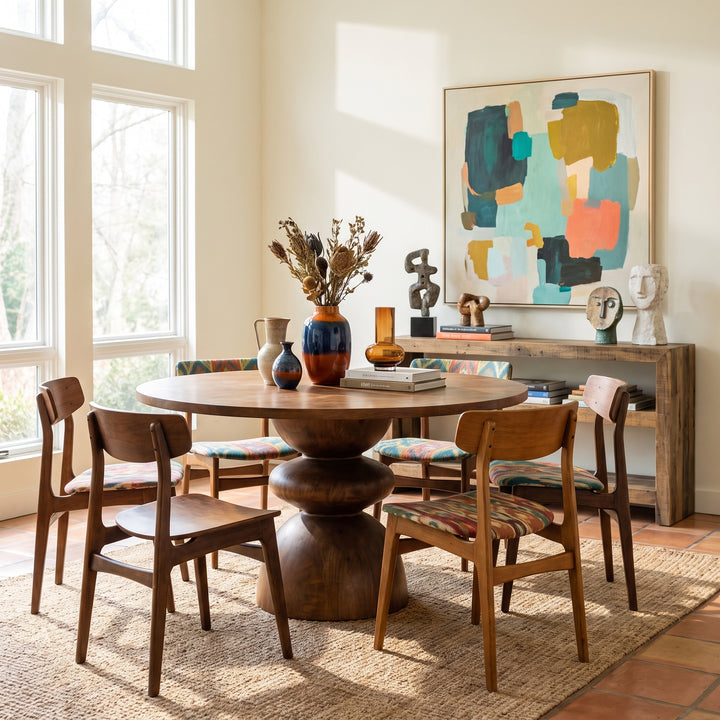 Modern dining room with a round wooden pedestal table, mid-century chairs, colorful abstract art, and a rustic console.