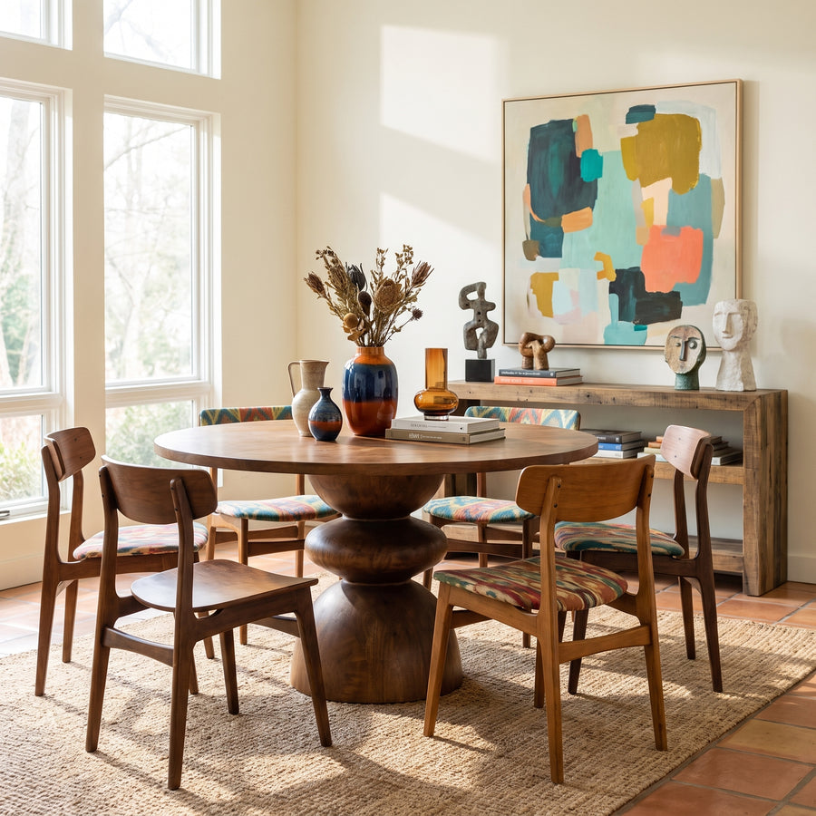 Modern dining room with a round wooden pedestal table, mid-century chairs, colorful abstract art, and a rustic console.