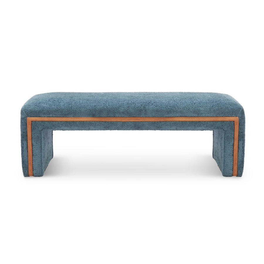Blue upholstered bench with wooden frame on a white background
