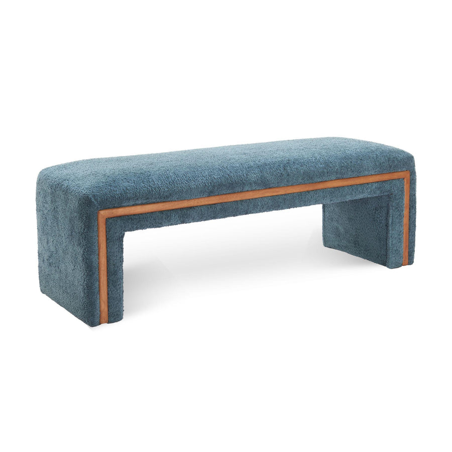 Blue upholstered bench with wooden frame on a white background