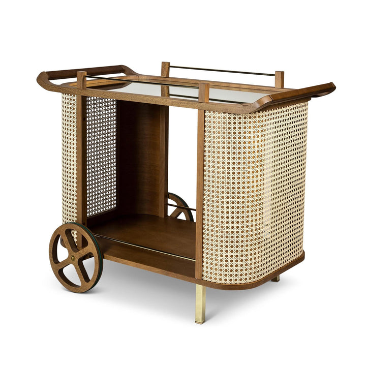 MODERN BRAZILIAN DINDA SOLID TAUARI WOOD BAR CART -  PECAN  - FRONT VIEW