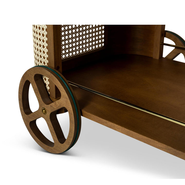 MODERN BRAZILIAN DINDA SOLID TAUARI WOOD BAR CART -  PECAN - LEG VIEW