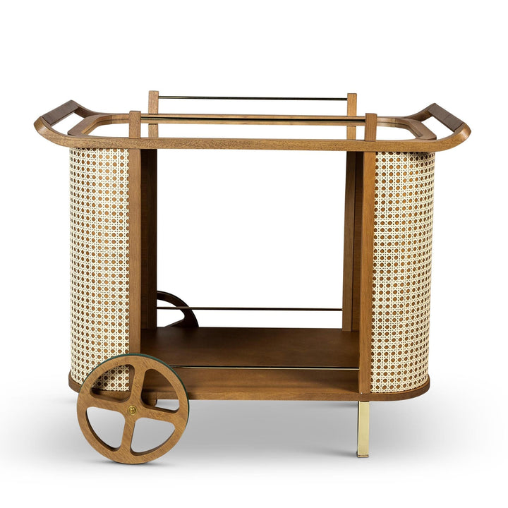 MODERN BRAZILIAN DINDA SOLID TAUARI WOOD BAR CART -  PECAN - FRONT VIEW