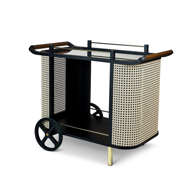 MODERN BRAZILIAN DINDA SOLID TAUARI WOOD BAR CART - BLACK - FRONT VIEW