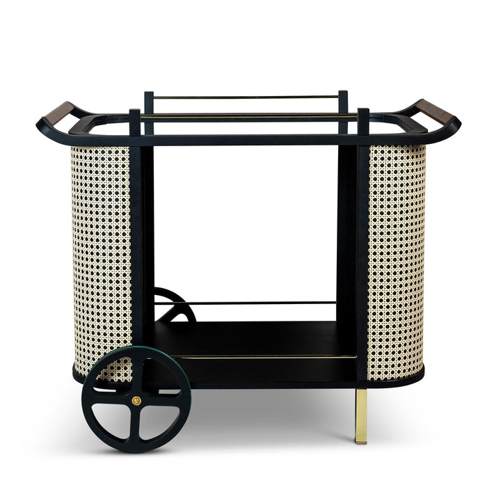 MODERN BRAZILIAN DINDA SOLID TAUARI WOOD BAR CART - BLACK - FRONT VIEW