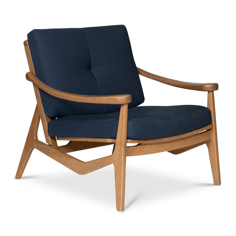 MODERN BRAZILIAN ROMEO NAVY BLUE UPHOLSTERY PECAN FRAME ACCENT CHAIR - FRONT VIEW