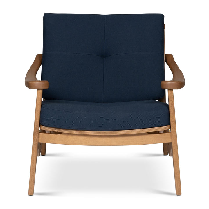 MODERN BRAZILIAN ROMEO NAVY BLUE UPHOLSTERY PECAN FRAME ACCENT CHAIR - FRONT VIEW