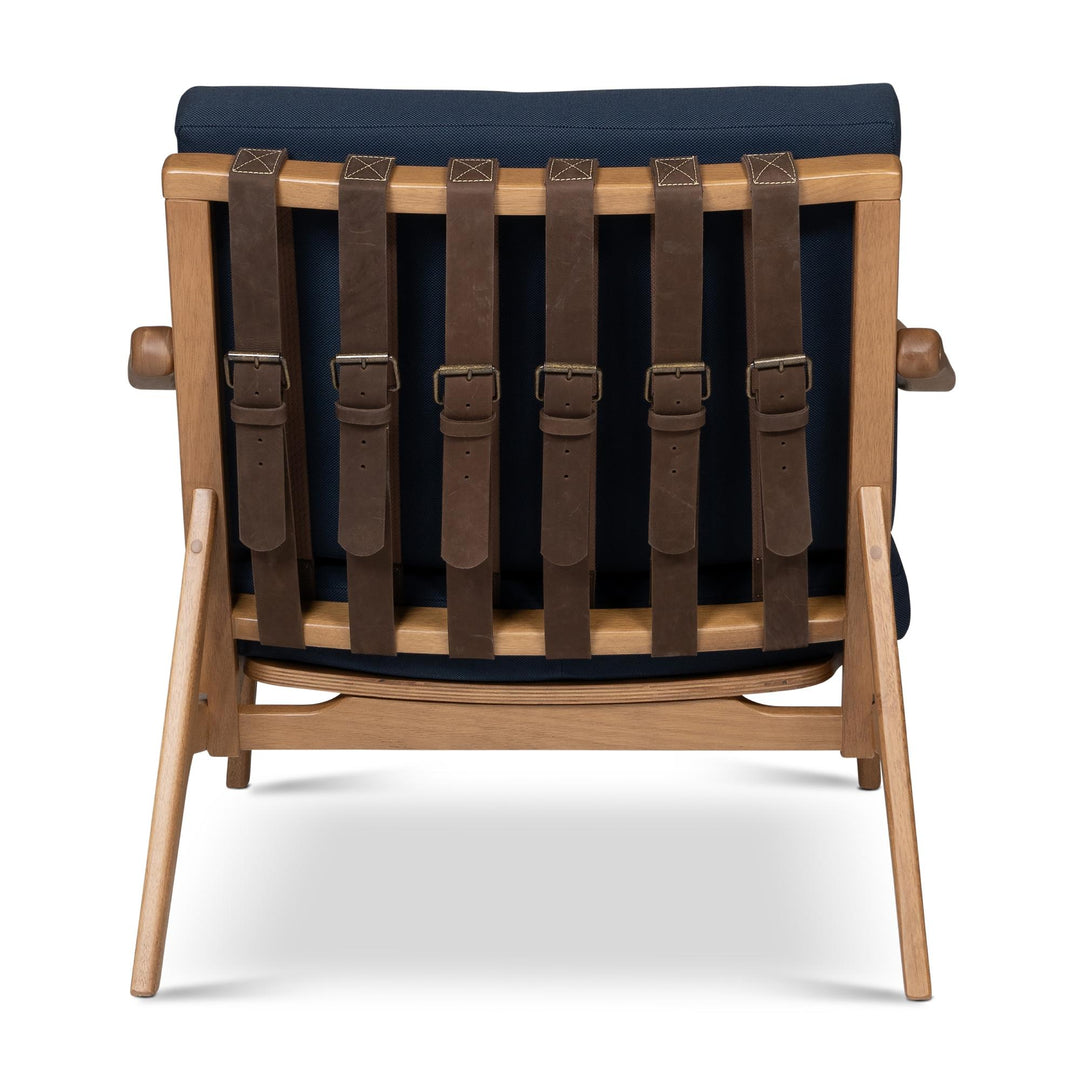 MODERN BRAZILIAN ROMEO NAVY BLUE UPHOLSTERY PECAN FRAME ACCENT CHAIR - BACK VIEW