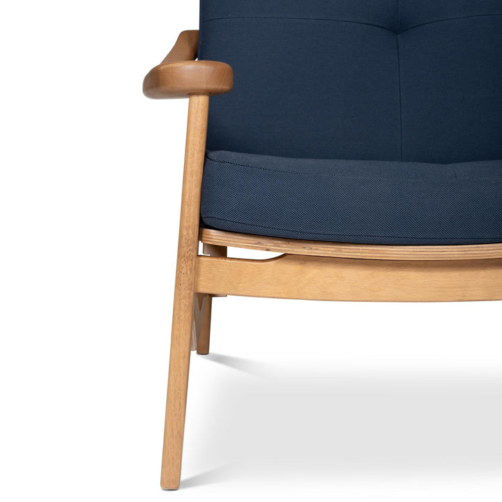 MODERN BRAZILIAN ROMEO NAVY BLUE UPHOLSTERY PECAN FRAME ACCENT CHAIR - CLOSE VIEW