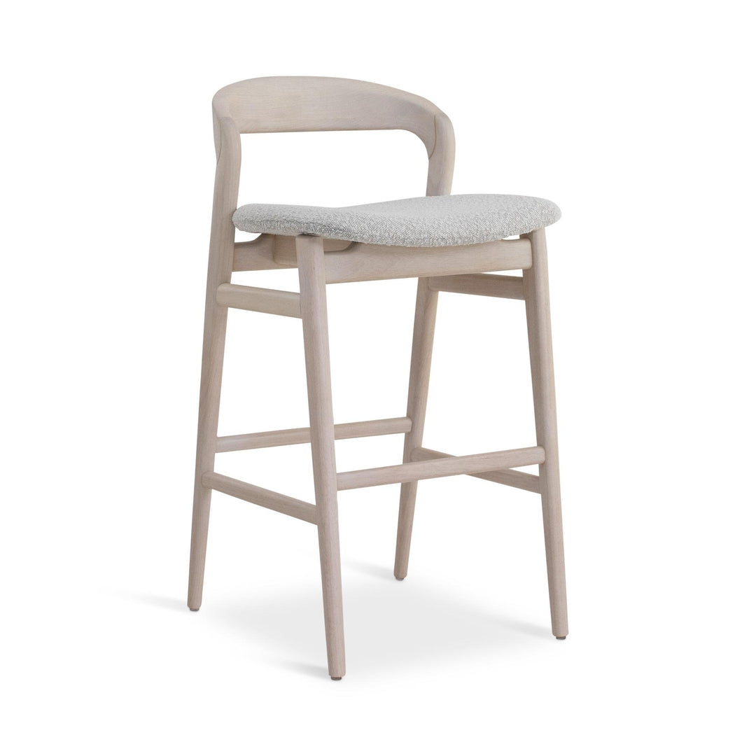 MODERN BRAZILIAN VELMA TAUARI WOOD BAR STOOL - CRAFTED GLAZE, NEVOA - FRONT VIEW