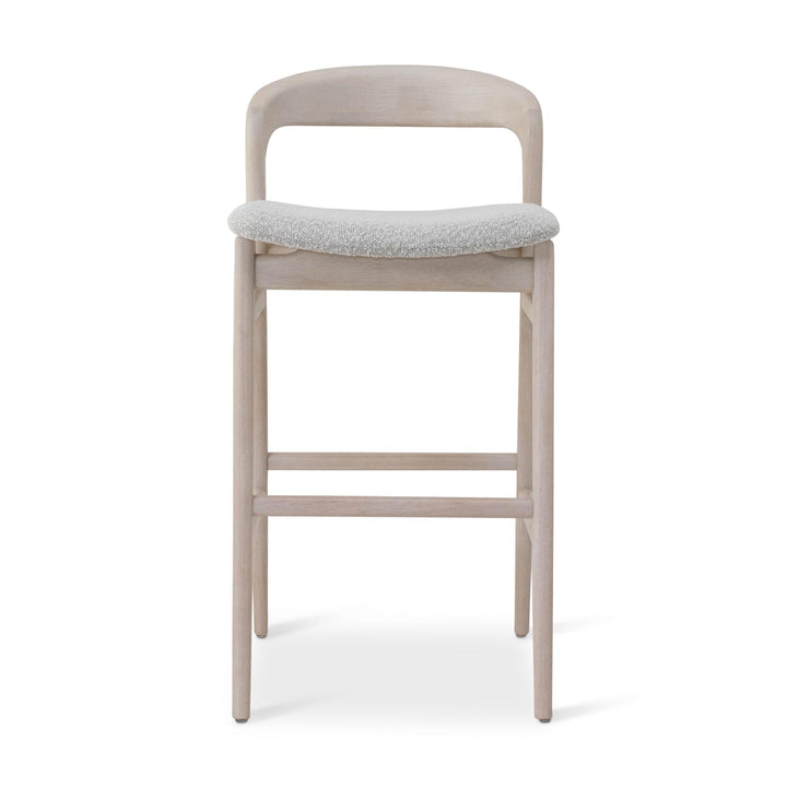 MODERN BRAZILIAN VELMA TAUARI WOOD BAR STOOL - CRAFTED GLAZE, NEVOA - FRONT VIEW