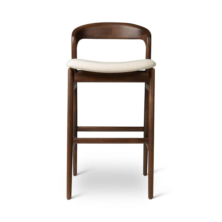 MODERN BRAZILIAN VELMA TAUARI WOOD BAR STOOL - MEDLEY IVORY, NOGAL - FRONT VIEW