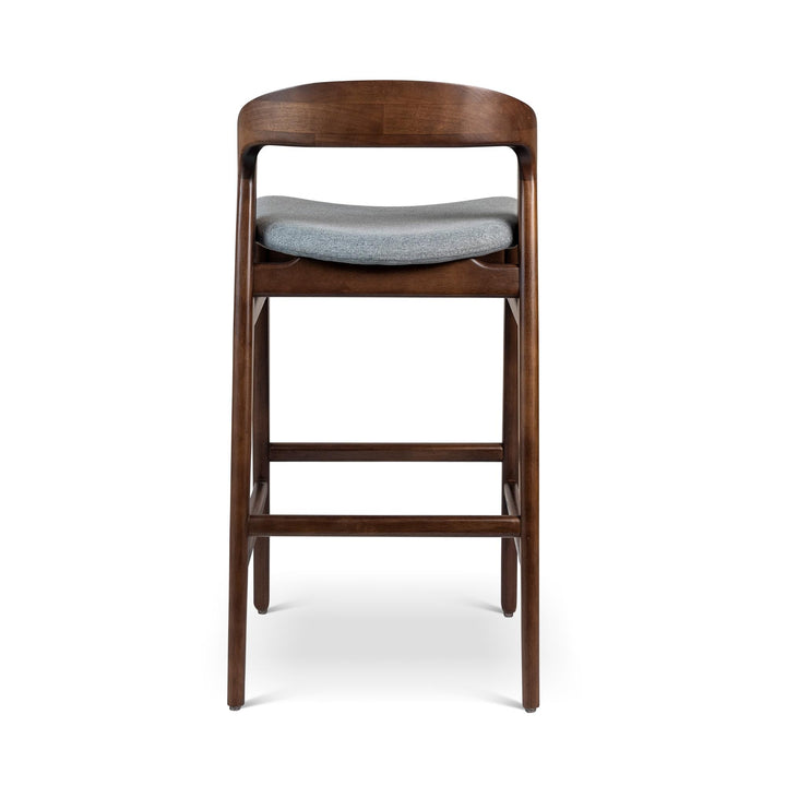 MODERN BRAZILIAN VELMA TAUARI WOOD BAR STOOL - ESSENCE GREY, NOGAL - BACK VIEW