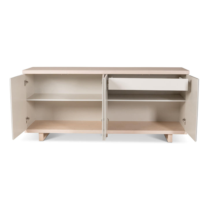 MODERN BRAZILIAN HIGH GLOSS LACQUER COPANY BUFFET - OFF WHITE, NEVOA - FRONT OPNE VIEW