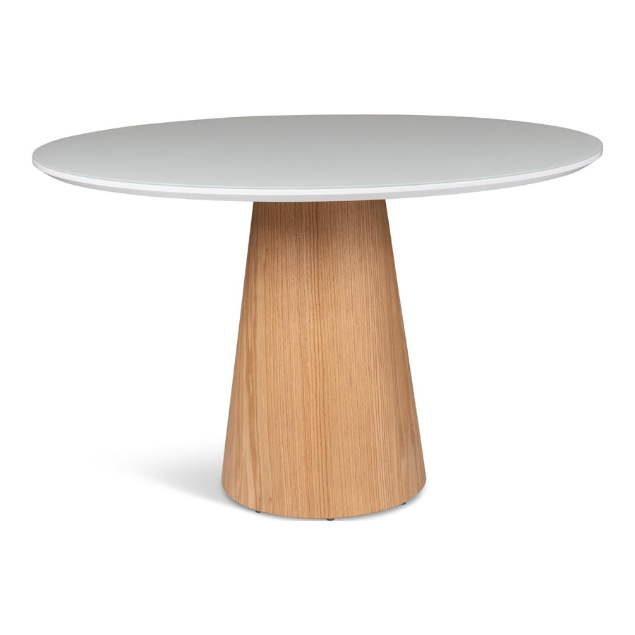 MODERN BRAZILIAN MONA GLASS TOP ROUND DINING TABLE - BRANCO, DAMASCO - FRONT VIEW