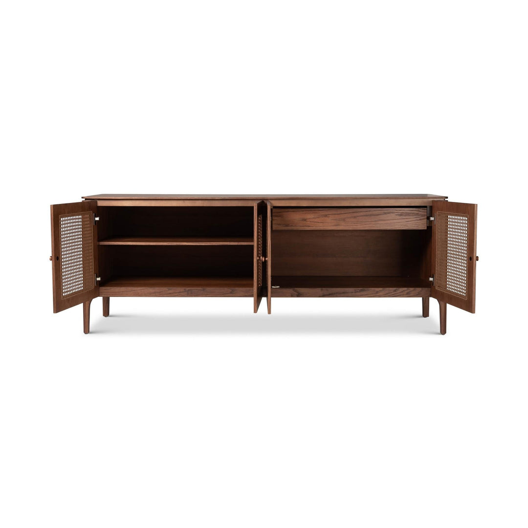 MODERN BRAZILIAN OAK VENEER MISSIONE CANE BUFFET - NOGAL - FRONT VIEW