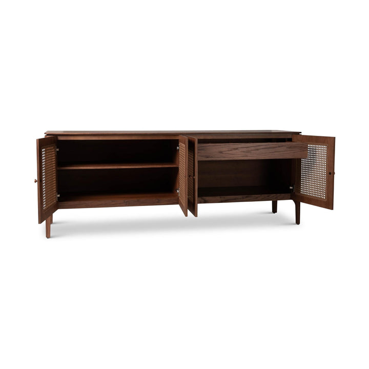 MODERN BRAZILIAN OAK VENEER MISSIONE CANE BUFFET - NOGAL - FRONT VIEW