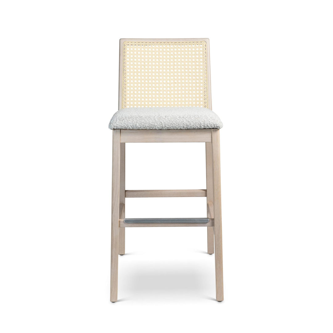 MODERN BRAZILIAN NARDIA CANE TAUARI WOOD BAR STOOL - CRAFTED GLAZE, NEVOA, NATURAL - FRONT VIEW