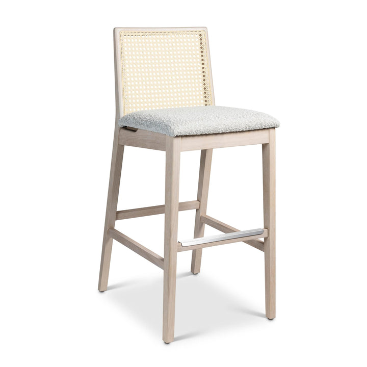 MODERN BRAZILIAN NARDIA CANE TAUARI WOOD BAR STOOL - CRAFTED GLAZE, NEVOA, NATURAL - FRONT VIEW