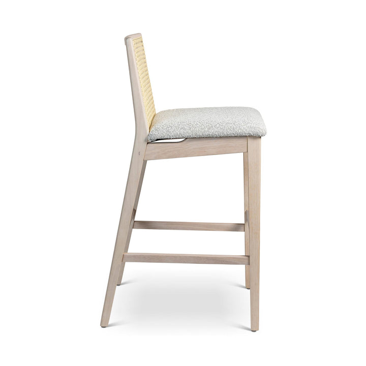 MODERN BRAZILIAN NARDIA CANE TAUARI WOOD BAR STOOL - CRAFTED GLAZE, NEVOA, NATURAL - SIDE VIEW