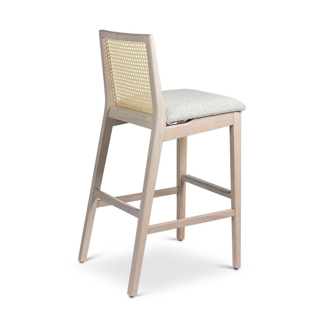 MODERN BRAZILIAN NARDIA CANE TAUARI WOOD BAR STOOL - CRAFTED GLAZE, NEVOA, NATURAL - BACK VIEW