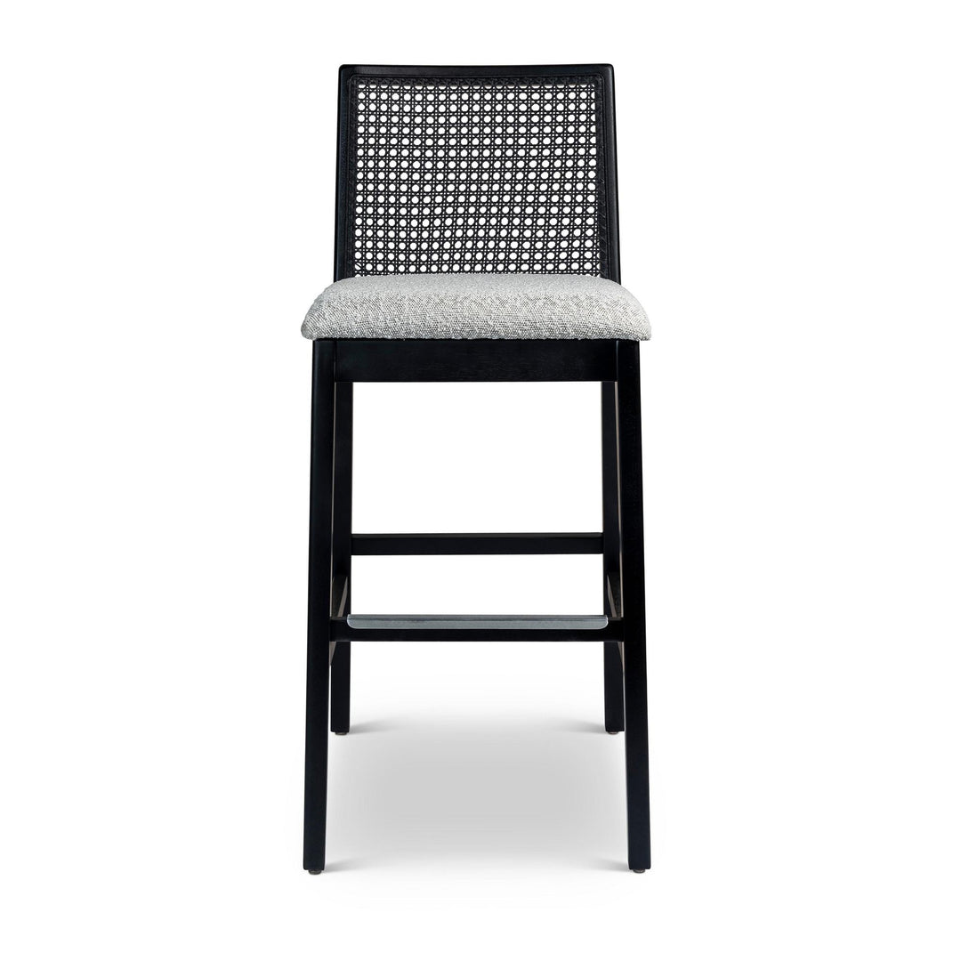 MODERN BRAZILIAN NARDIA CANE TAUARI WOOD BAR STOOL - CRAFTED GLAZE, EBANO - FRONT VIEW