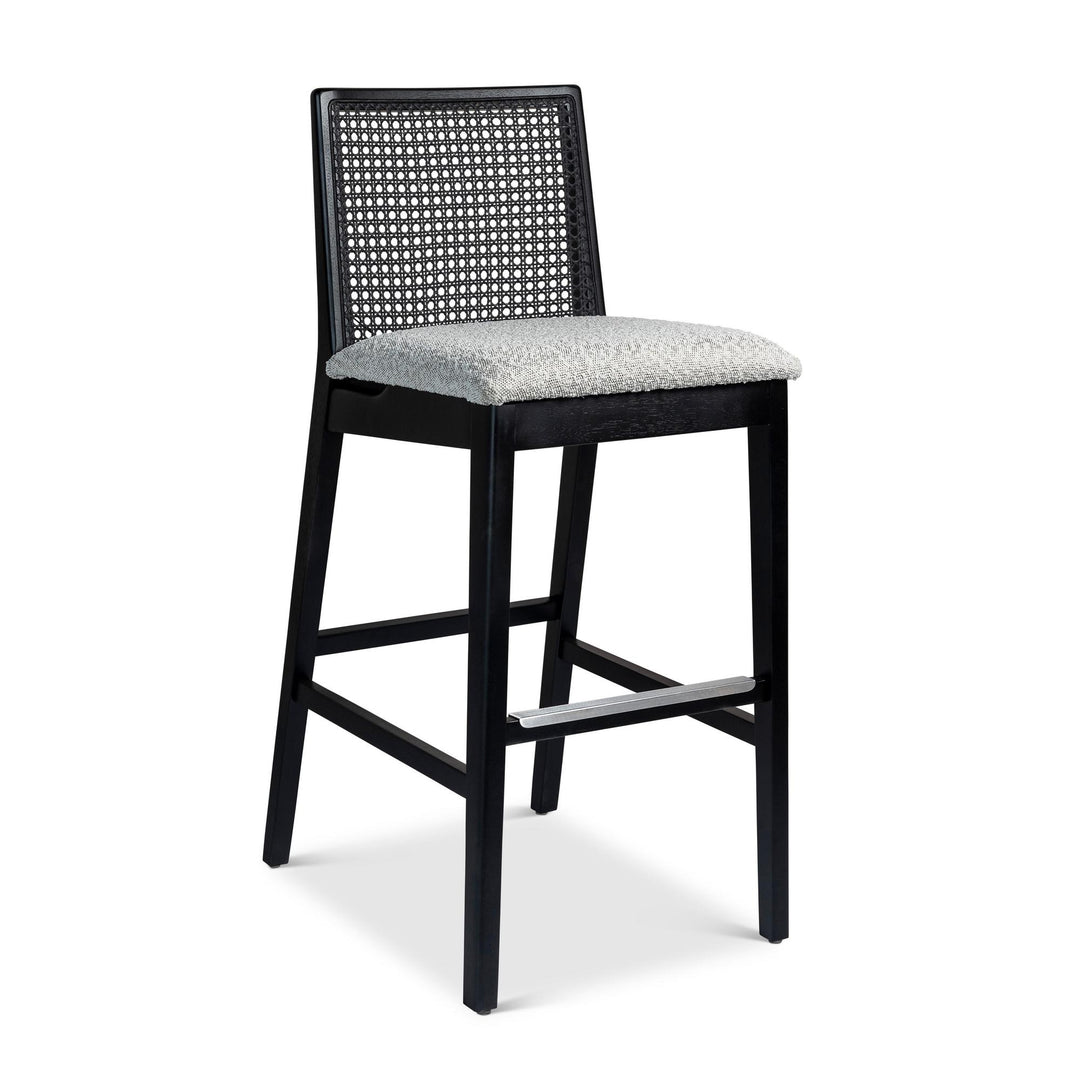 MODERN BRAZILIAN NARDIA CANE TAUARI WOOD BAR STOOL - CRAFTED GLAZE, EBANO - FRONT VIEW