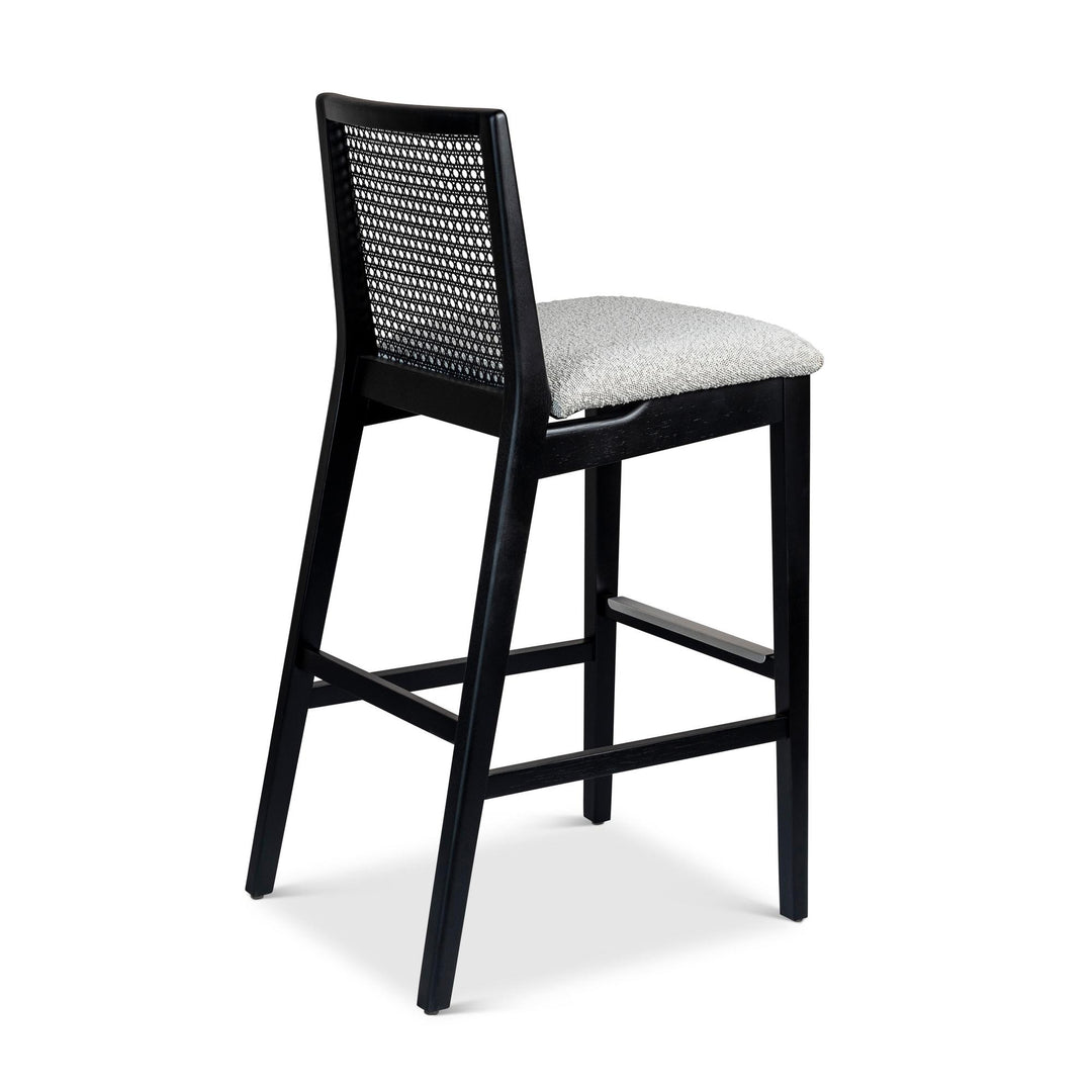 MODERN BRAZILIAN NARDIA CANE TAUARI WOOD BAR STOOL - CRAFTED GLAZE, EBANO - BACK VIEW